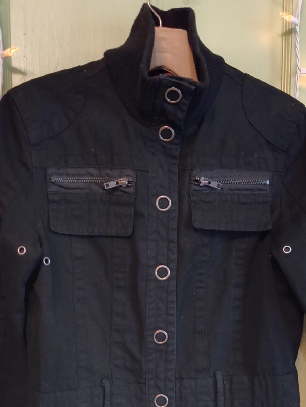 Women's Coffee Shop Red Mid Length Black Snap Button Mockneck Coat S - Picture 5 of 17